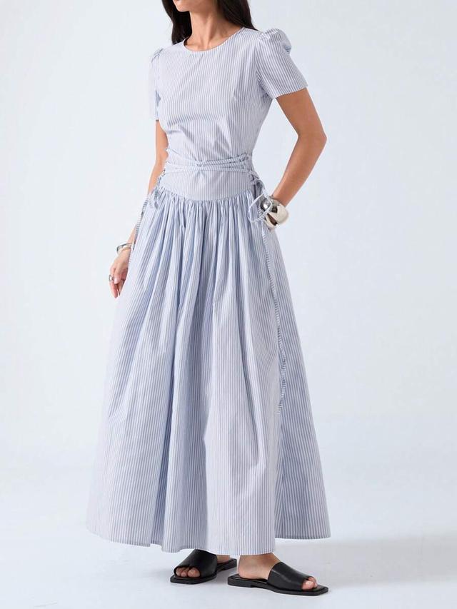 minimalist striped round neck petal sleeve tie waist dress