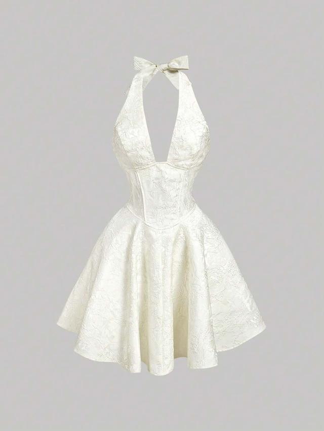 ivory jacquard halter mini dress with corset back
