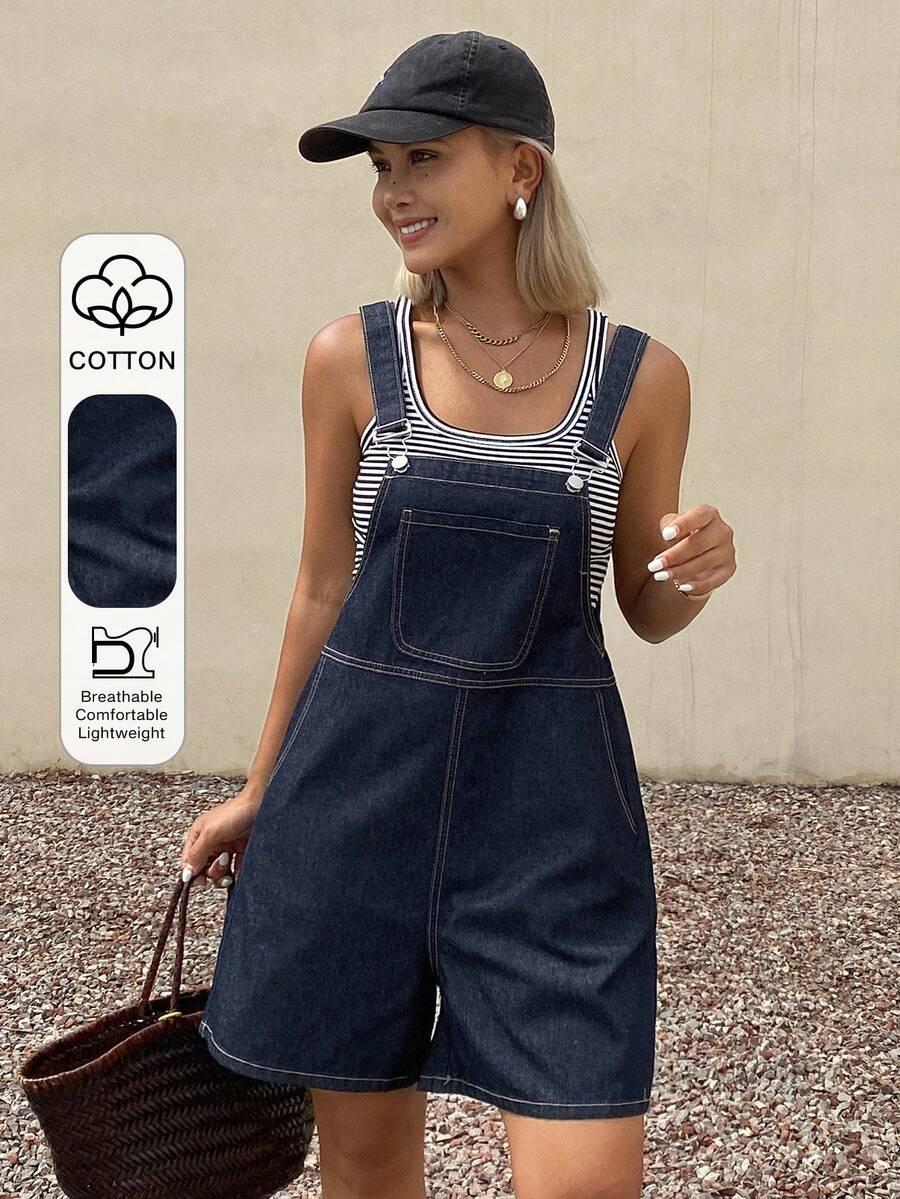 dark wash denim dungaree shorts with contrast stitching