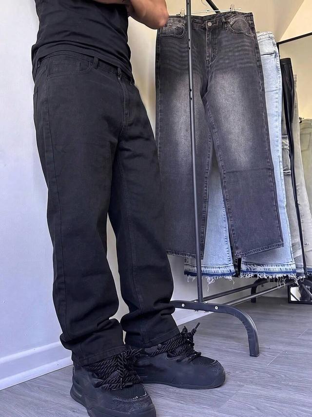 dark grey casual black straight leg denim pants