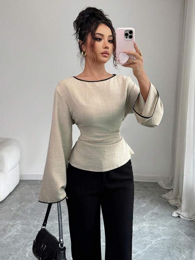 beige round neck flare sleeve blouse with lace-up back