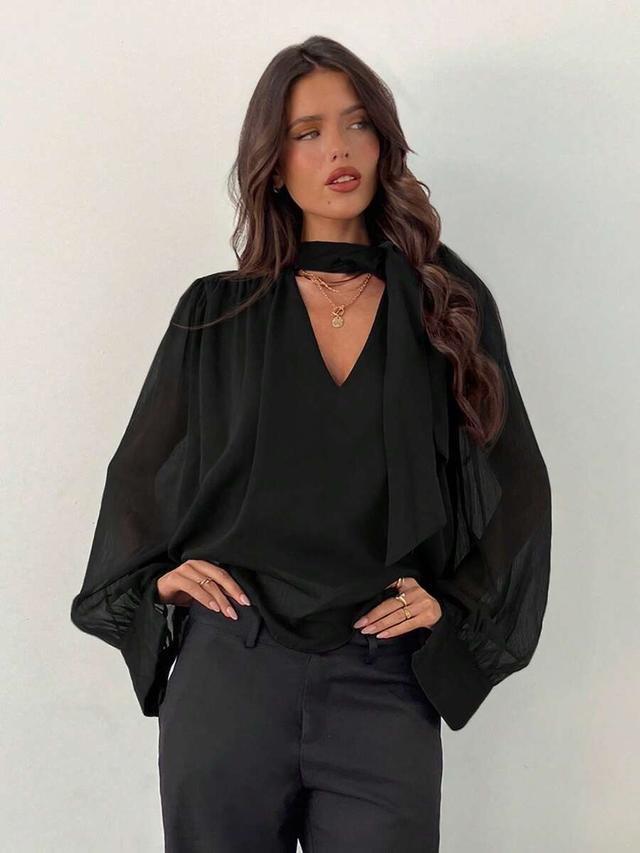 elegant black chiffon deep v-neck tie blouse