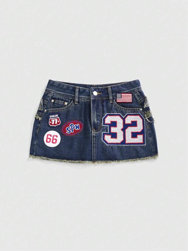 deconstructed denim mini skirt with sports logo embroidery