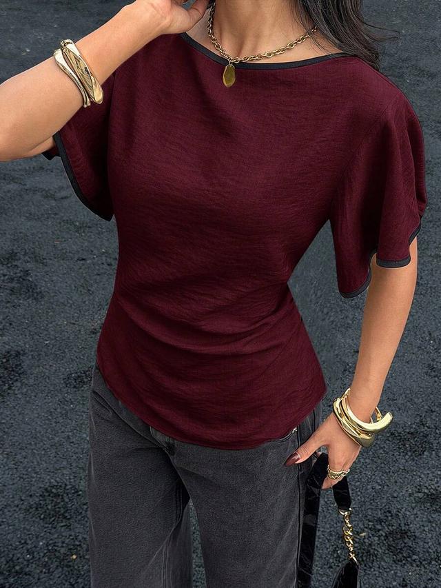 burgundy round neck ruffle trim casual versatile shirt