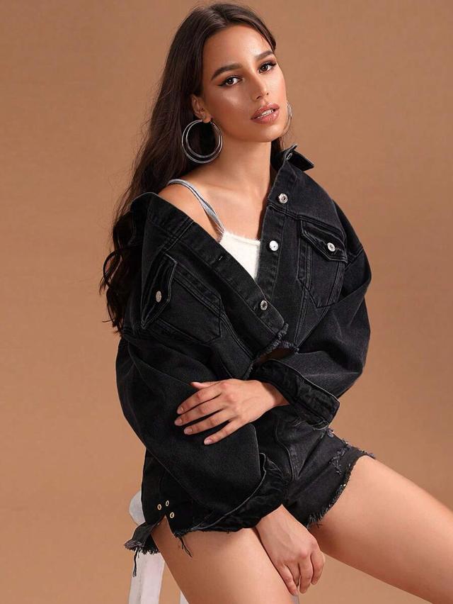 black distressed denim jacket with metal button details