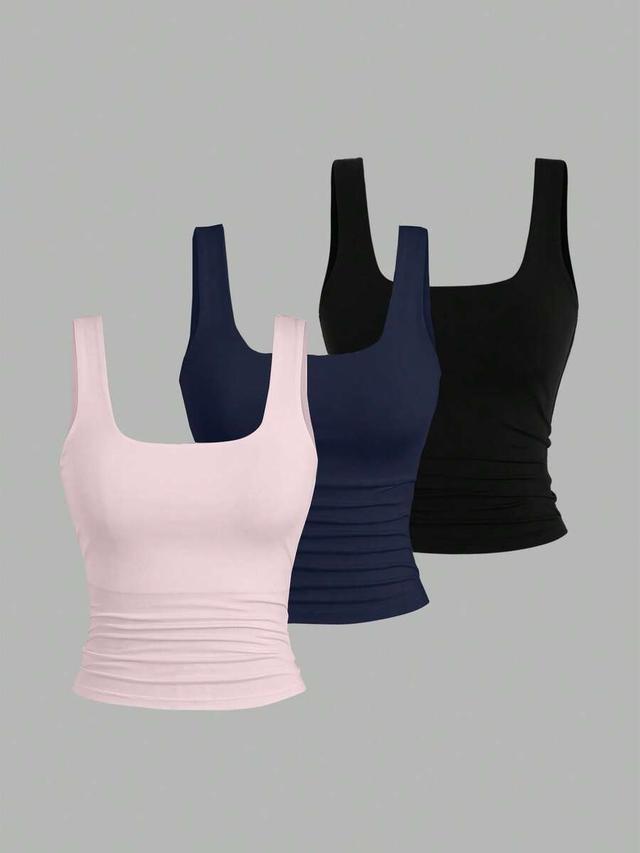 black sweetra women's solid color square neck pleated tank top