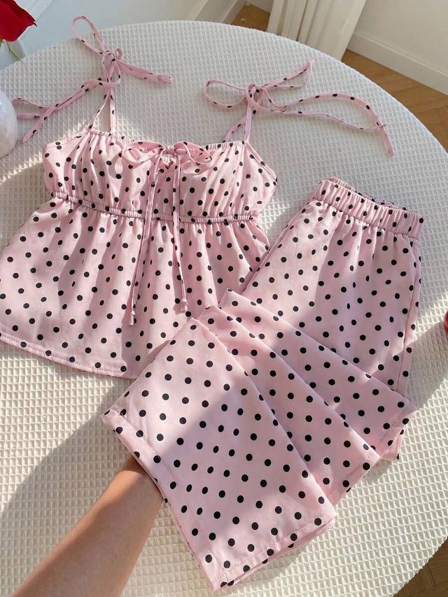 pink polka dot camisole and wide leg trousers set