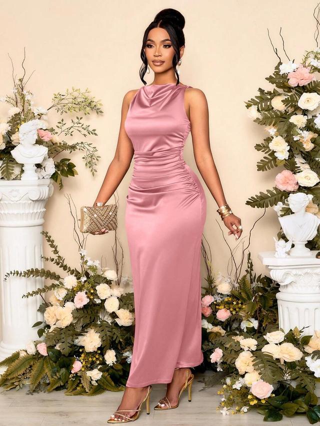 dusty rose satin cowl neck ruched midi dress