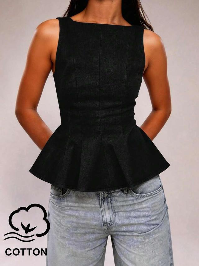 black denim sleeveless round neck peplum top