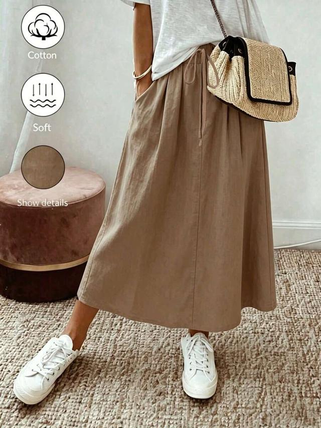 casual khaki linen-cotton blend midi skirt