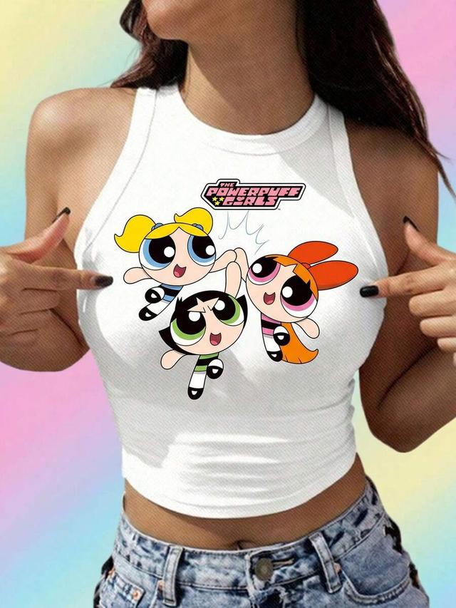 powerpuff girls graphic white ribbed cropped tank top