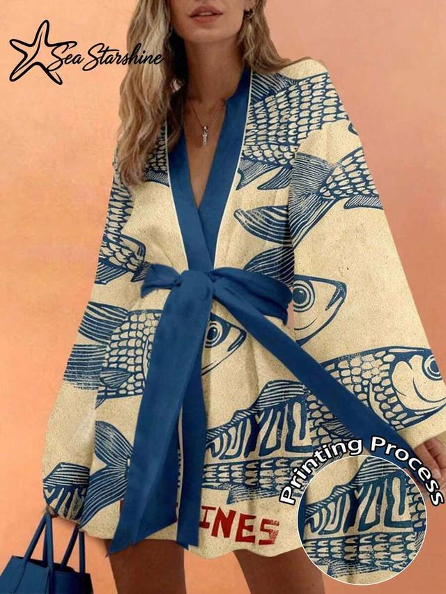 starfish print long sleeve casual knit dress