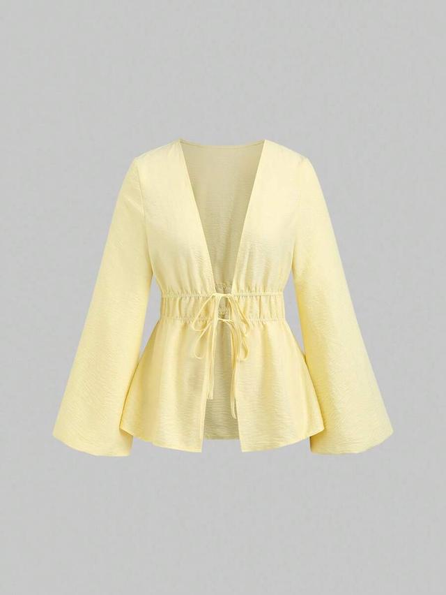 yellow casual solid color tie flare sleeve top
