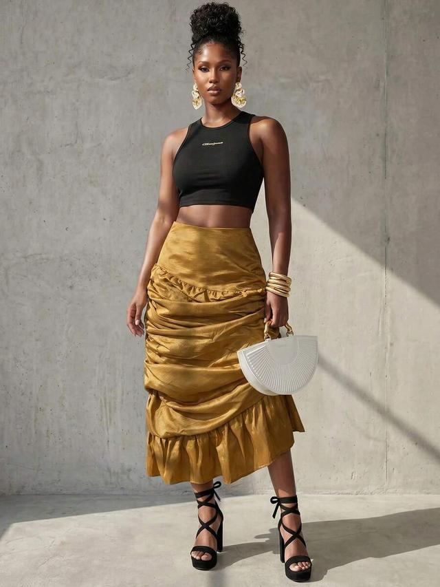 mustard yellow ruched ruffle midi skirt