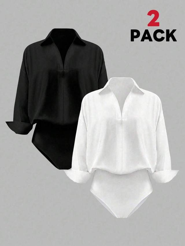 black elegant turndown collar long sleeve bodysuit set