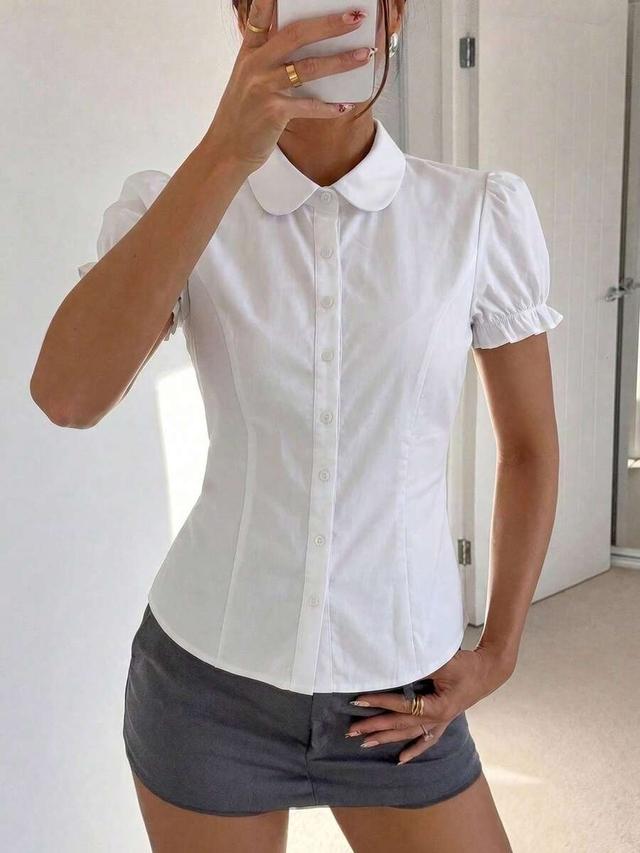 women's white short puff sleeve shirt collar top