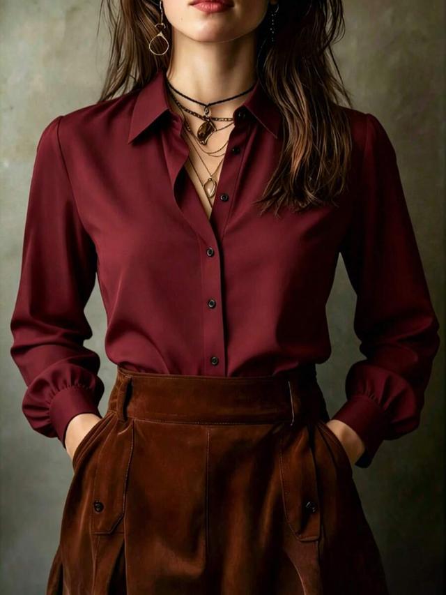 solid burgundy long sleeve puff sleeve button up shirt