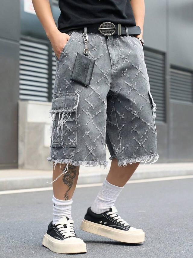 men's distressed grey denim cargo shorts with cross pattern