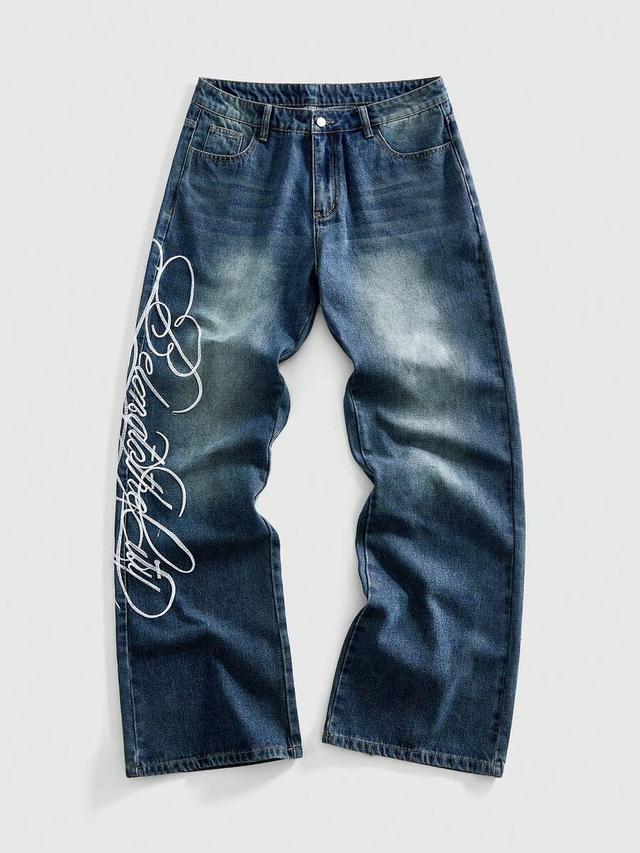 slogan embroidered medium wash denim jeans