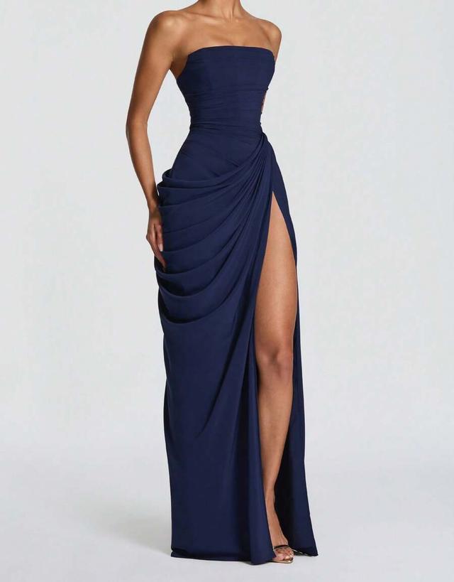 navy strapless draped evening gown with high slit