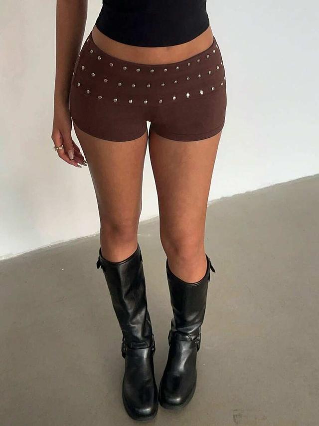 brown y2k low-rise flared waist studded shorts