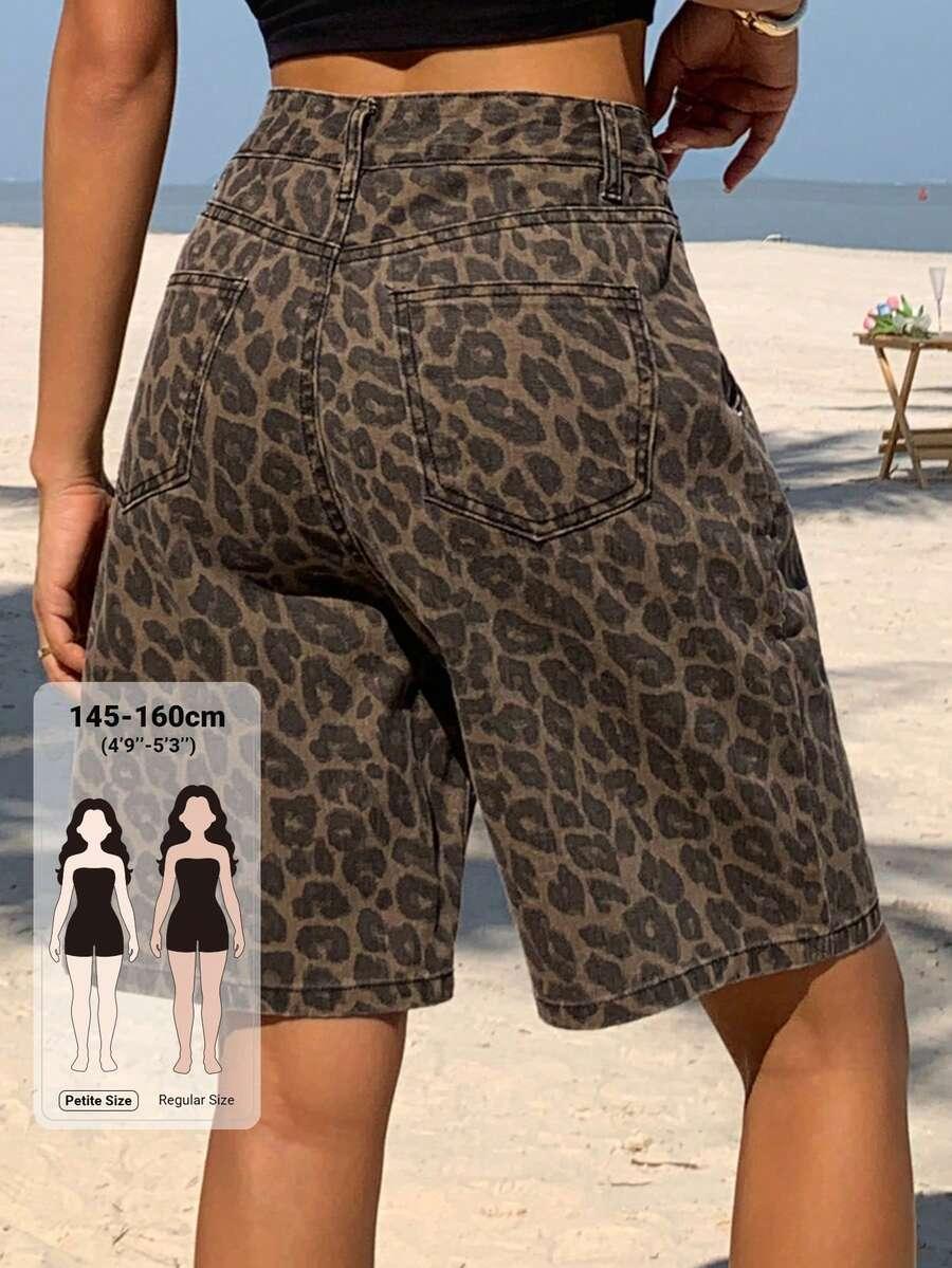 leopard print denim shorts with button and zipper fly
