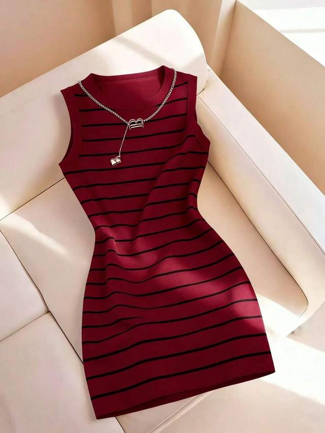 burgundy striped sleeveless knit mini dress