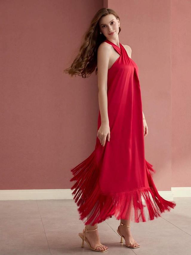 motf premium halter fringe hem dress