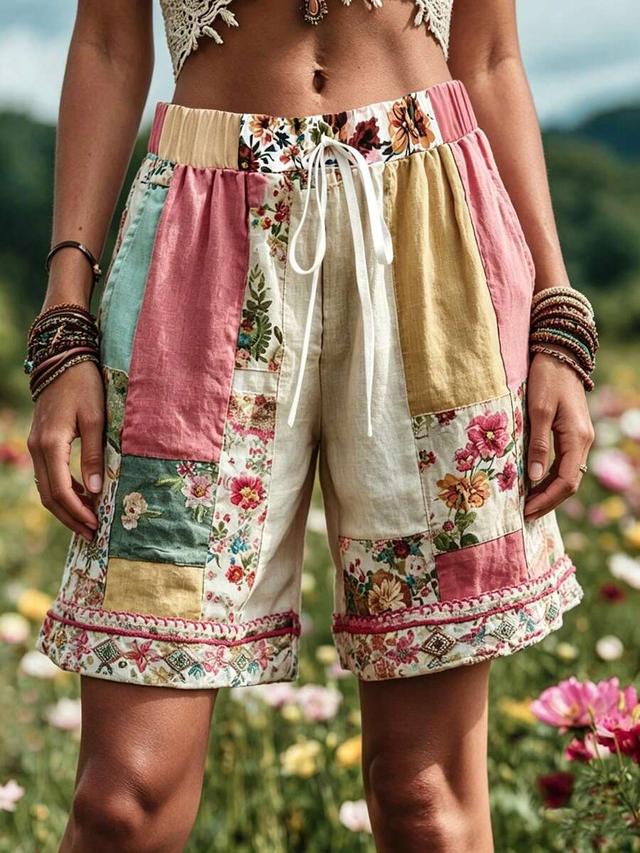 patchwork floral print elastic waist summer shorts