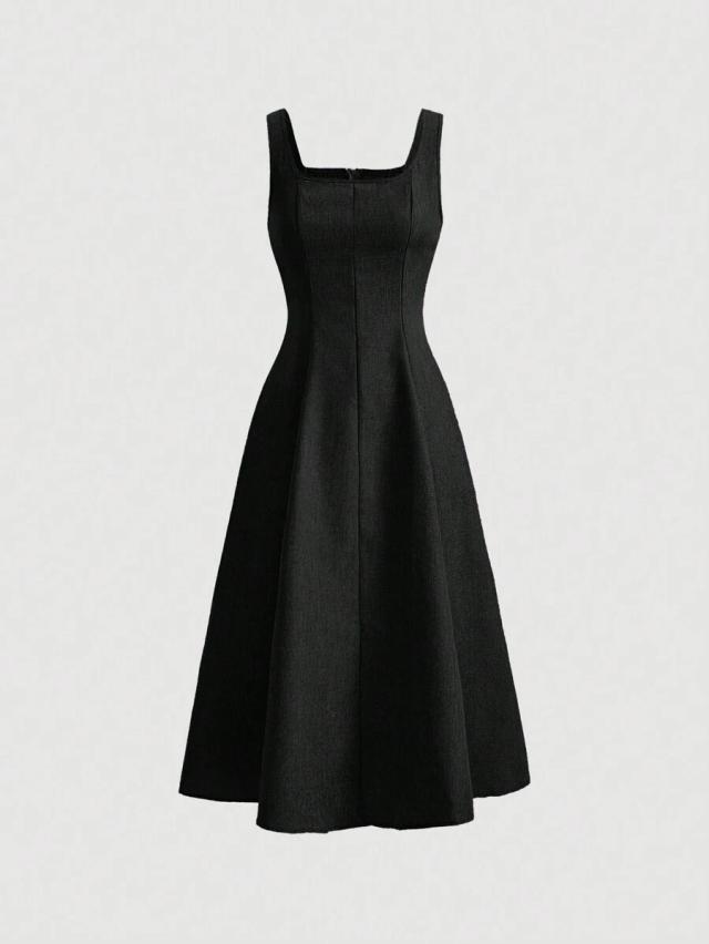 solid black square neck sleeveless midi dress