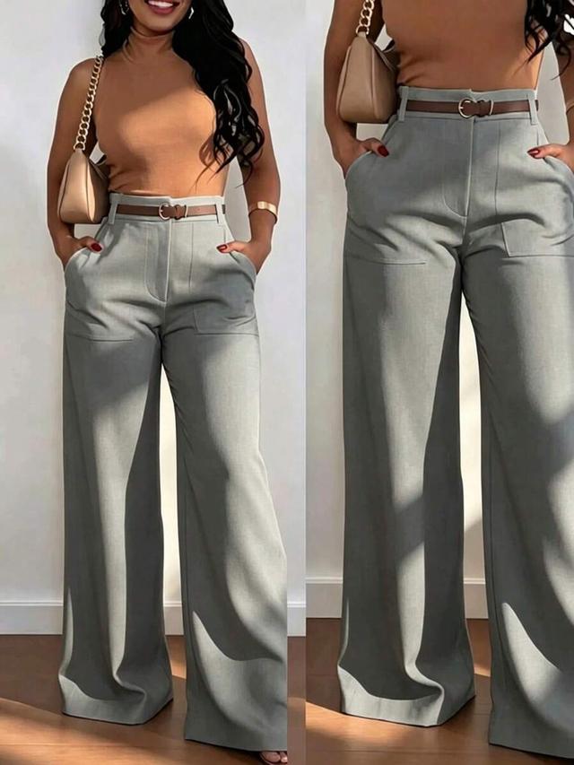 light grey high waist straight leg wide leg commute trousers