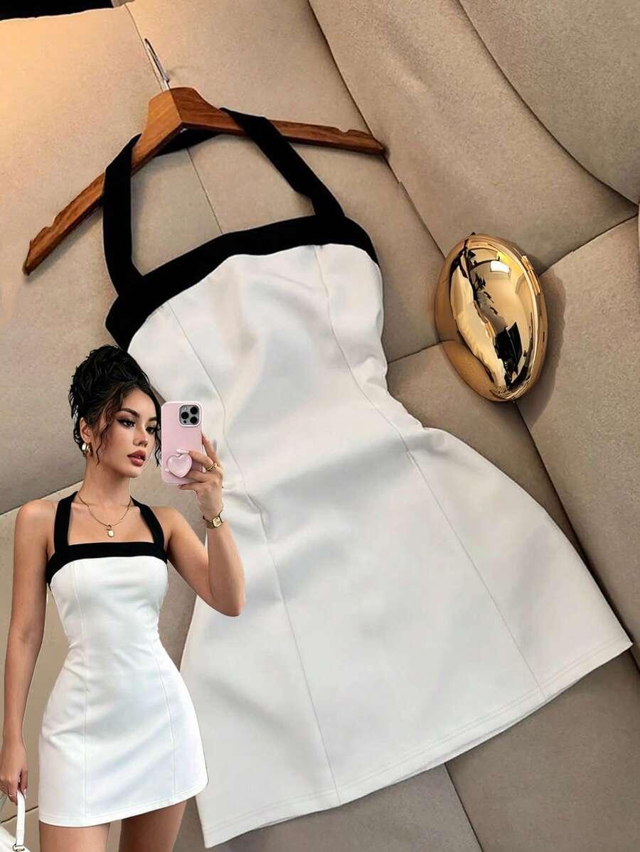 minimalist black and white color block halter bodycon dress