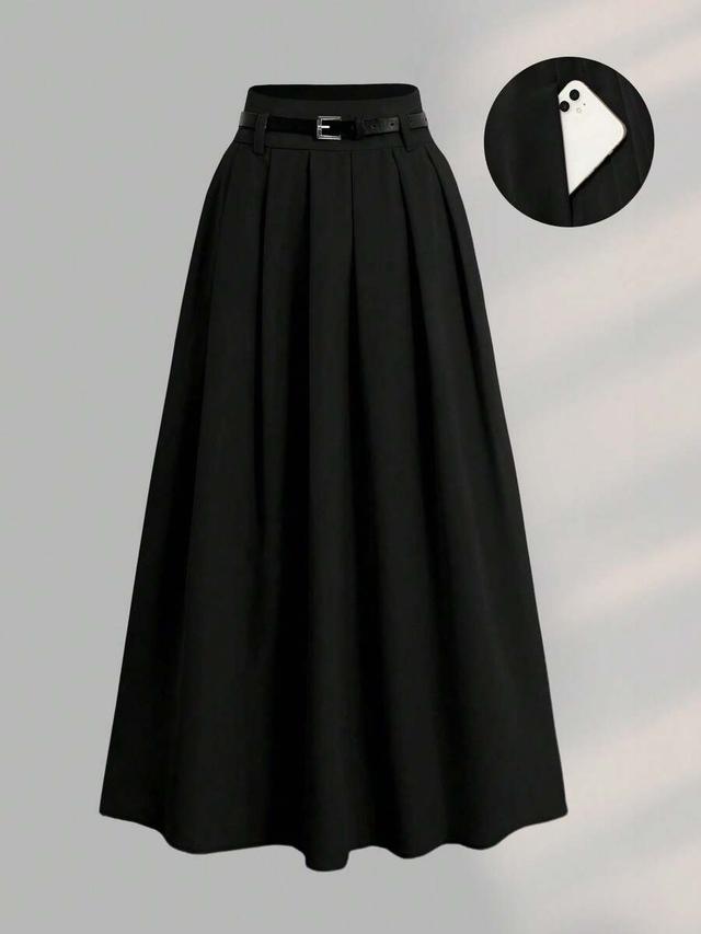 women's decorative belt high waist long pleated a-line skirt