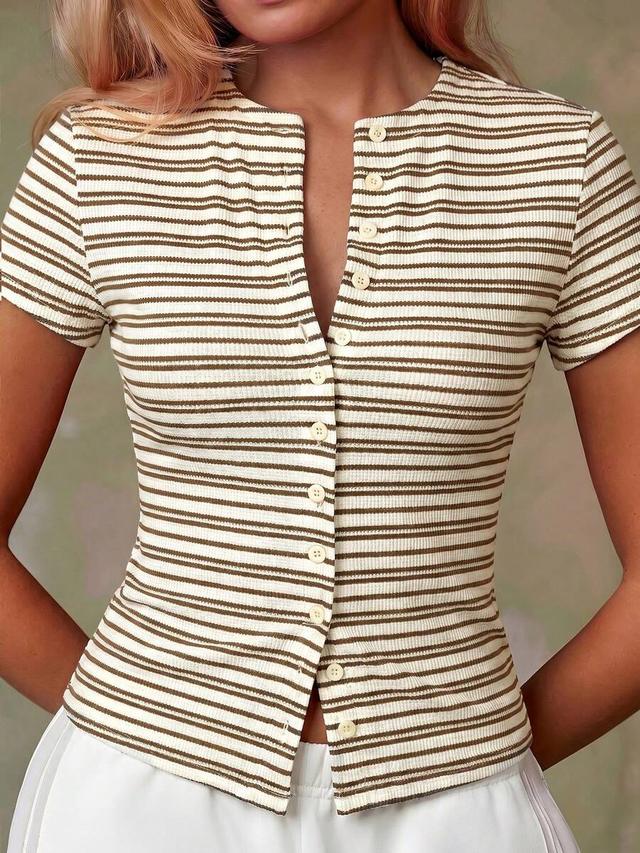 women's beige brown striped short sleeve button-down top