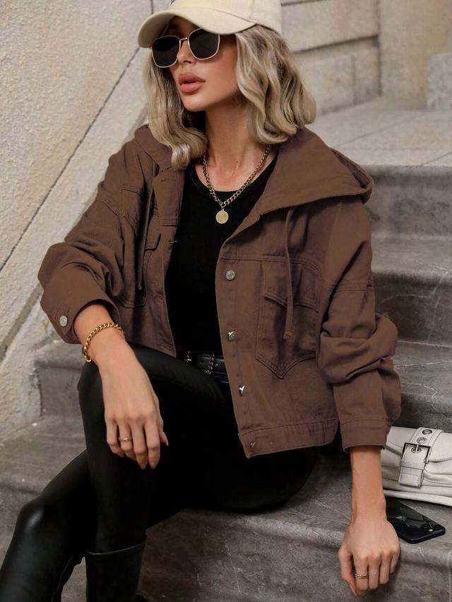 brown hooded denim jacket with flap pockets