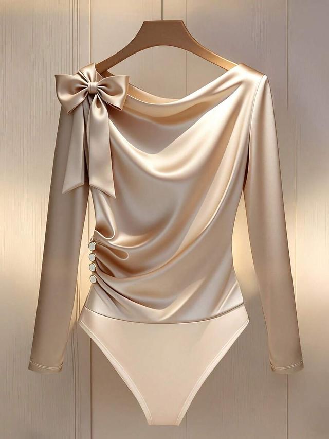 champagne gold satin long sleeve bow tie bodysuit