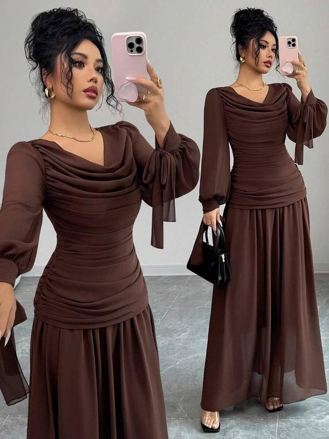 elegant coffee brown chiffon midi dress with ruching