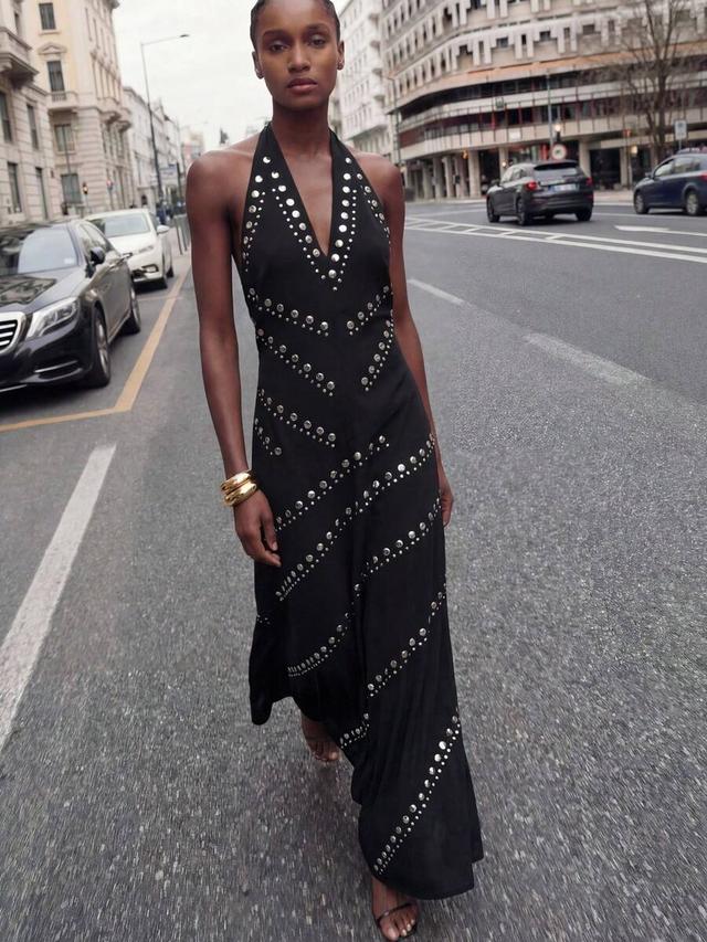 maija black and silver studded v-neck maxi dress