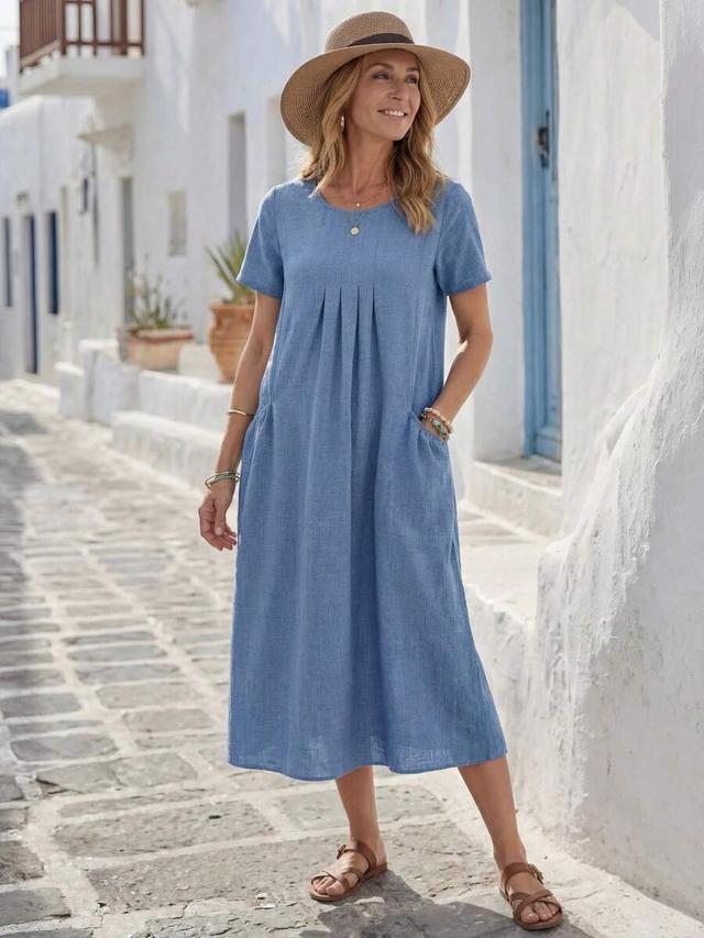 blue linen blend casual midi shift dress