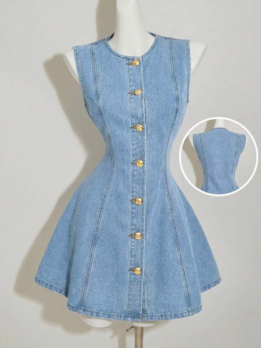 light wash denim sleeveless fit and flare dress
