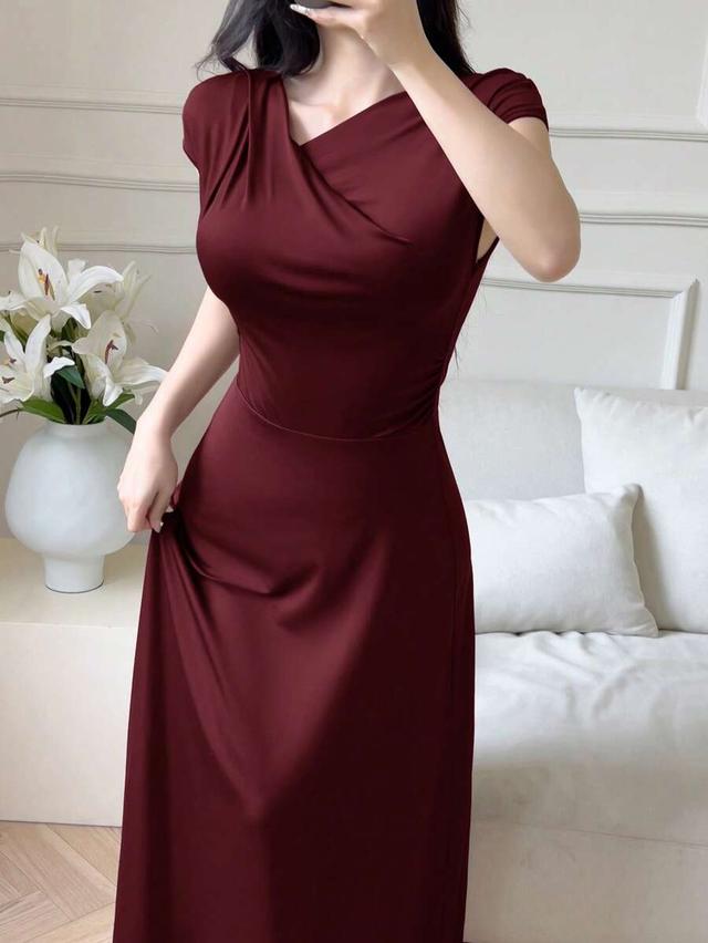 elegant solid color asymmetric collar burgundy midi dress