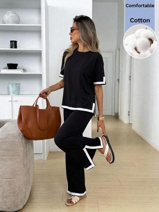 easowa women's black and white colorblock cotton lounge set