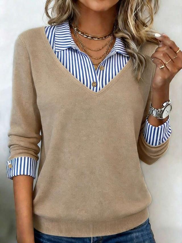 beige striped patchwork 2 in 1 long sleeve top
