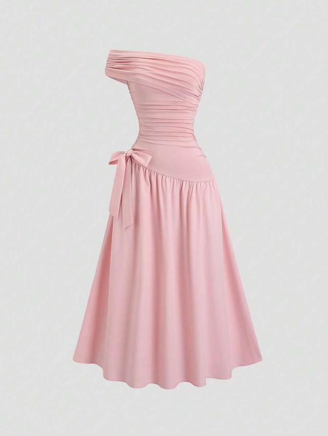 pink asymmetrical slanting shoulder summer dress
