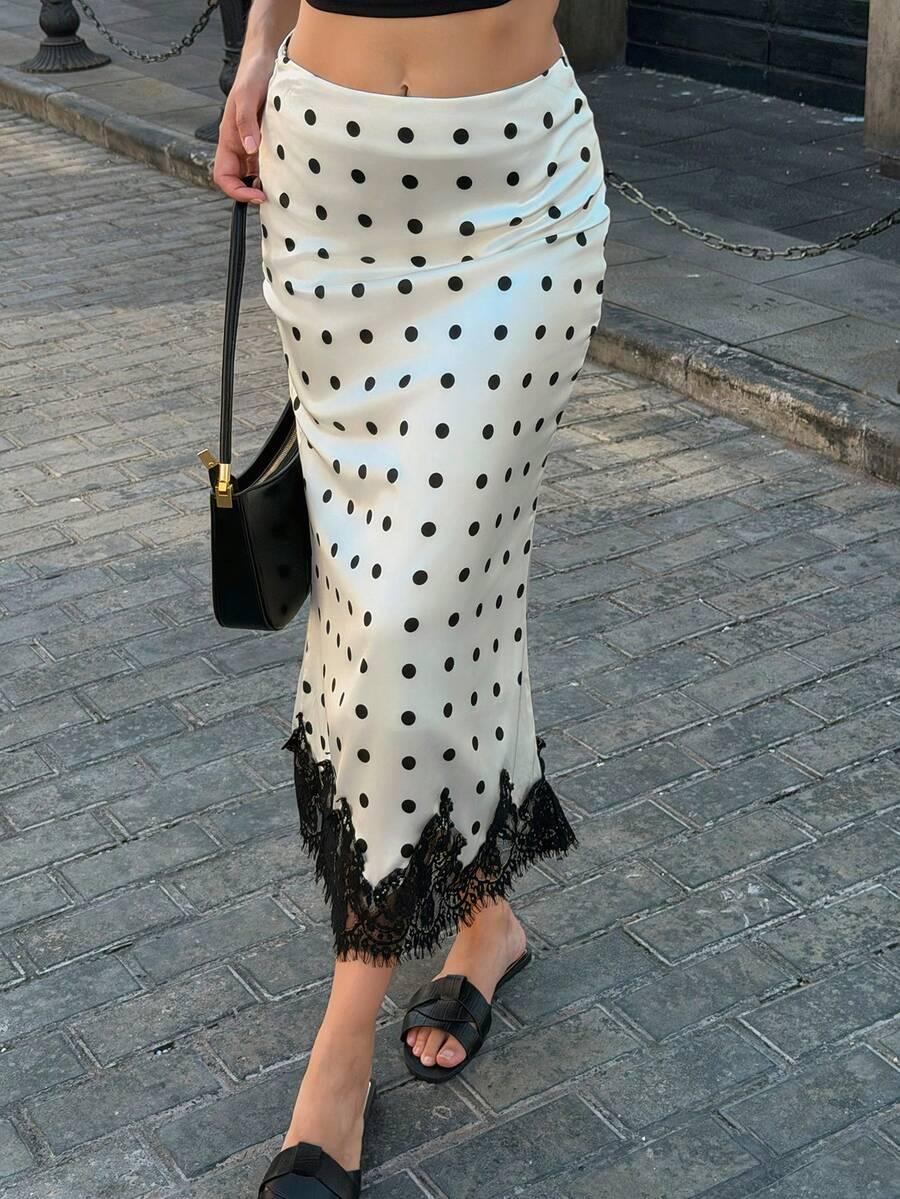 vintage satin polka dot contrast lace midi skirt