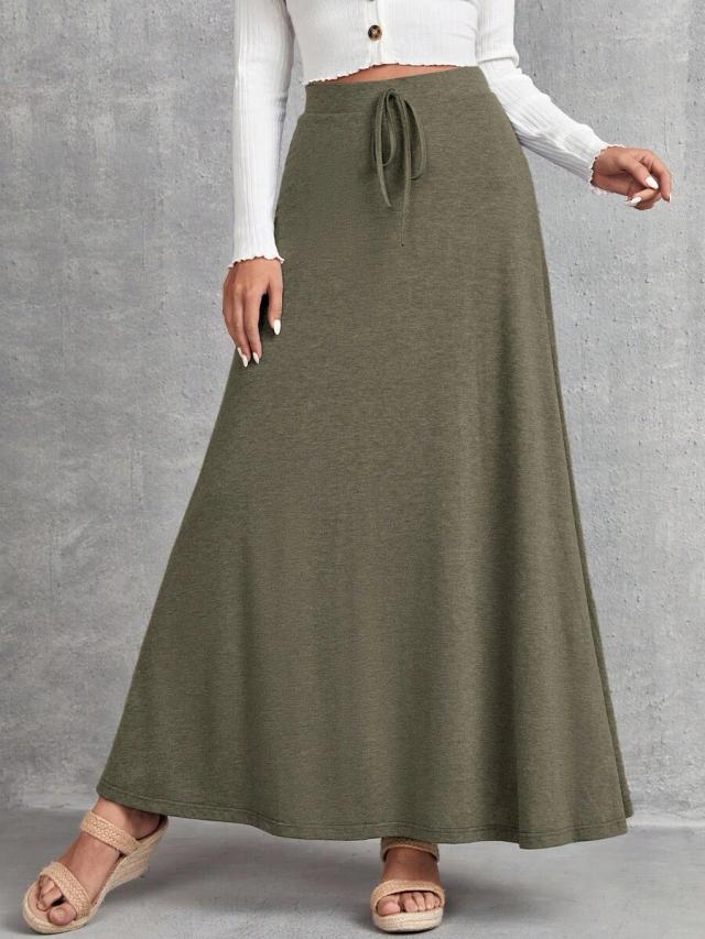 olive green minimalist casual drawstring maxi skirt
