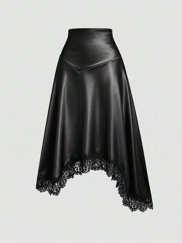 black faux leather lace trim asymmetrical midi skirt