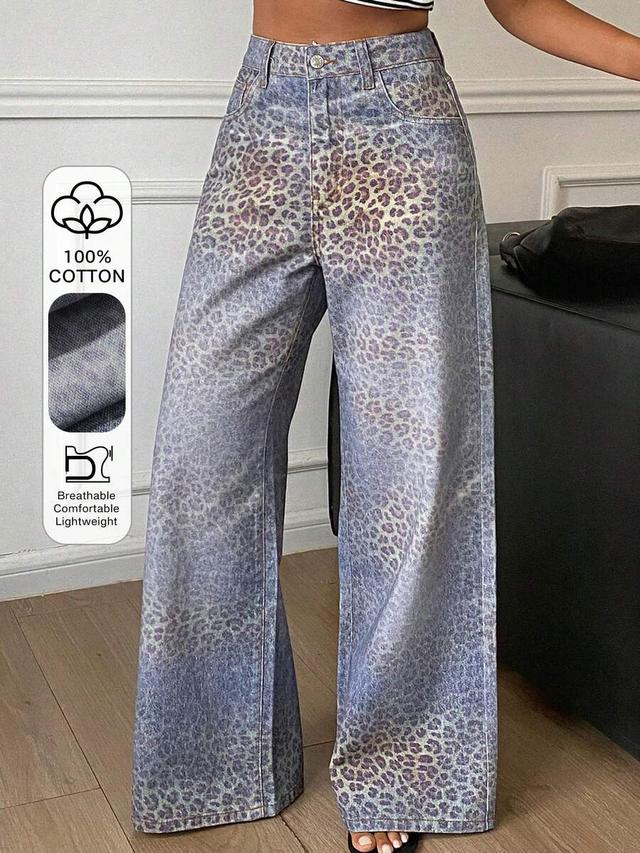 loose straight leg leopard print washed blue jeans