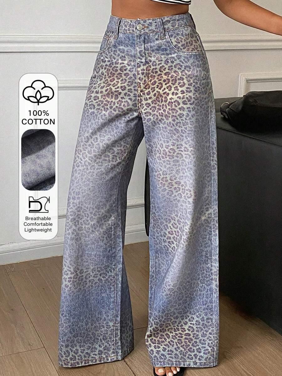 loose straight leg leopard print washed blue jeans