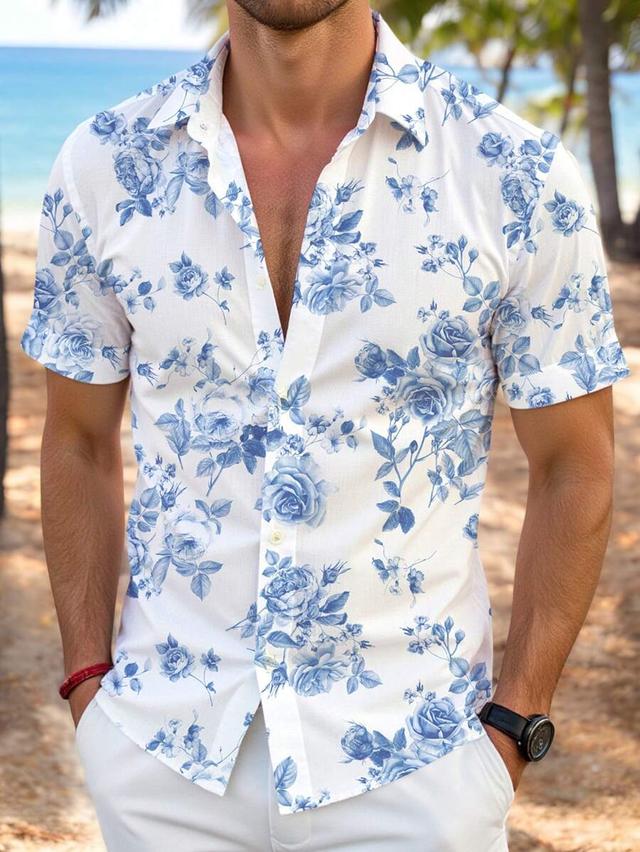 blue ditsy floral short sleeve button-up shirt